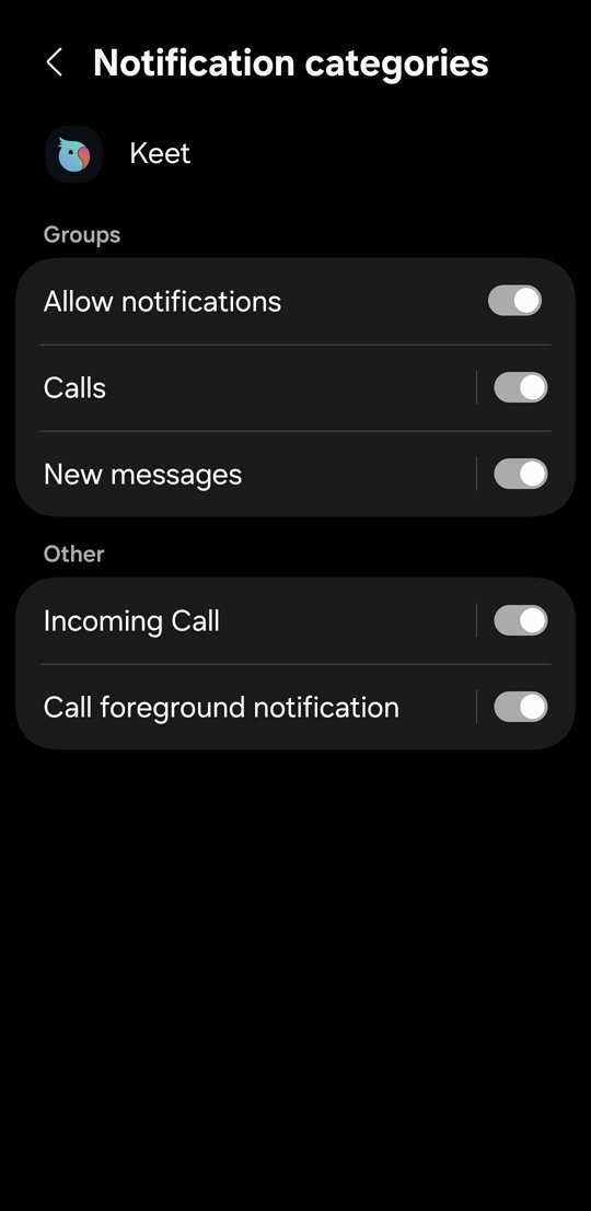 Notifications π Β· Mobile Open your device 'Settings' / 'Apps' / 'Keet' / 'Notifications'.