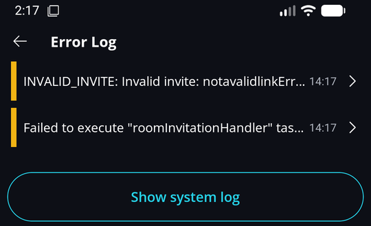 How to Report Bugs · Android The Error Log list showing two errors and the Show system log button.