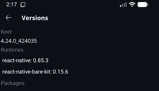 How to Report Bugs · Android The Versions screen showing the Keet version, runtimes and packages.