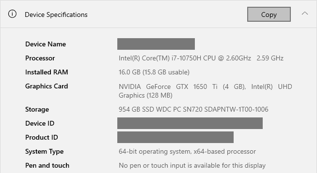 How to Report Bugs · Windows The Device specifications section of the About page, with the device name, Device ID and Product ID hidden.